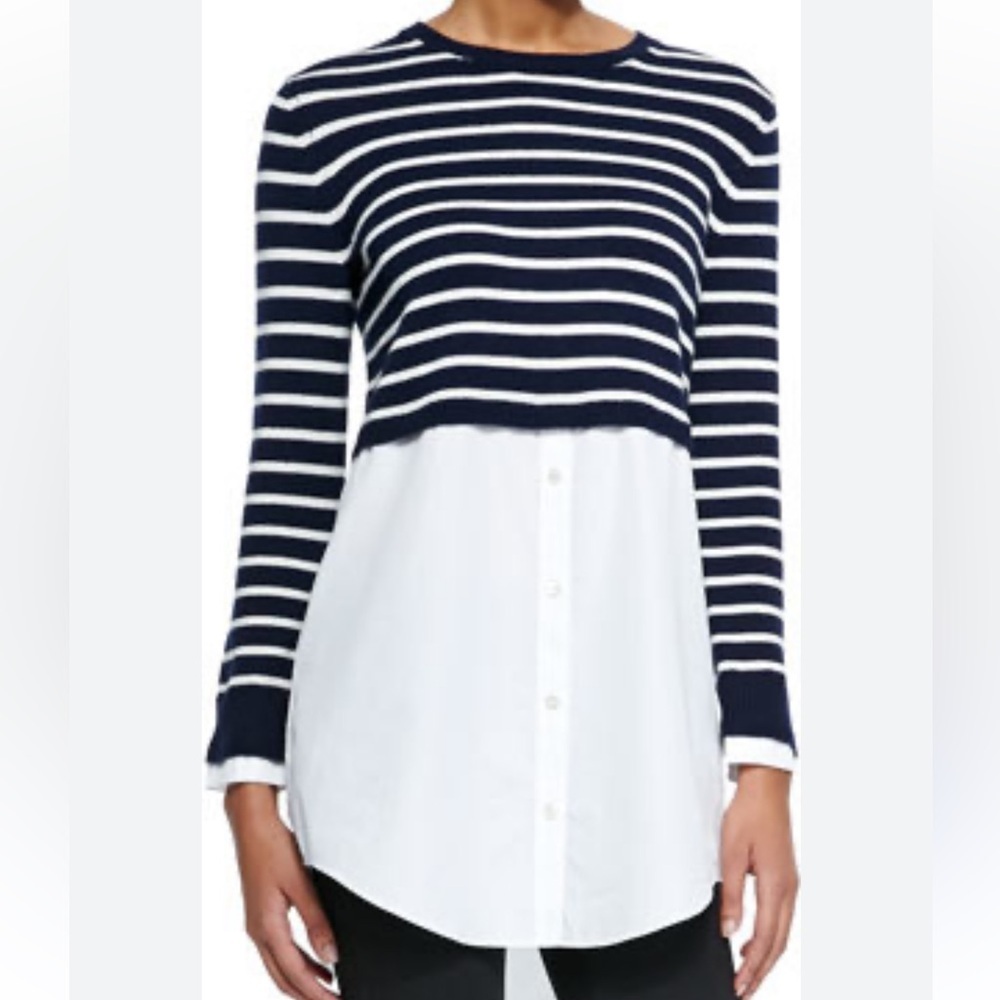 Theory Navy and White Striped Cashmere Blend Sweater Layered Shirttail Top | S